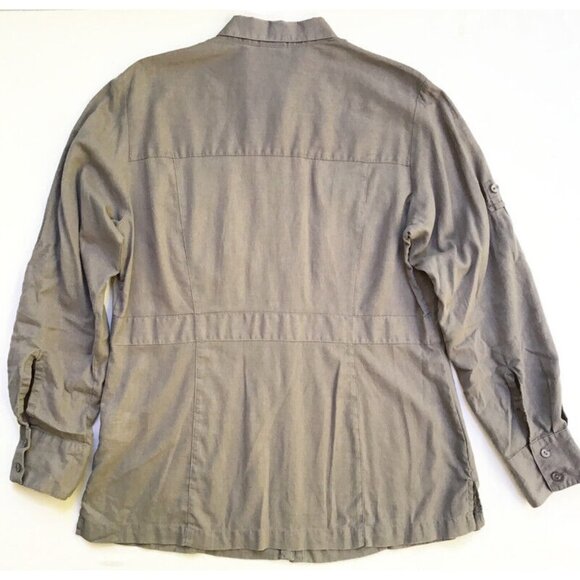 Columbia Casual Button Up Shirt Women's Large Gray Linen Roll Tab Sleeve Pockets - Picture 9 of 9